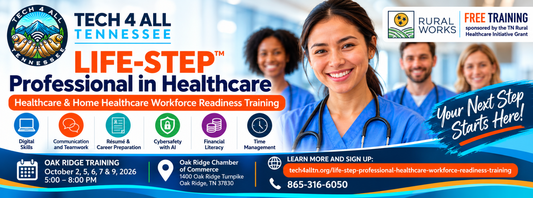 LIFE-STEP Professional in Healthcare free workforce readiness training at the Oak Ridge Chamber of Commerce on October 2, 5, 6, 7, and 9, 2026, from 5:00 to 8:00 p.m.